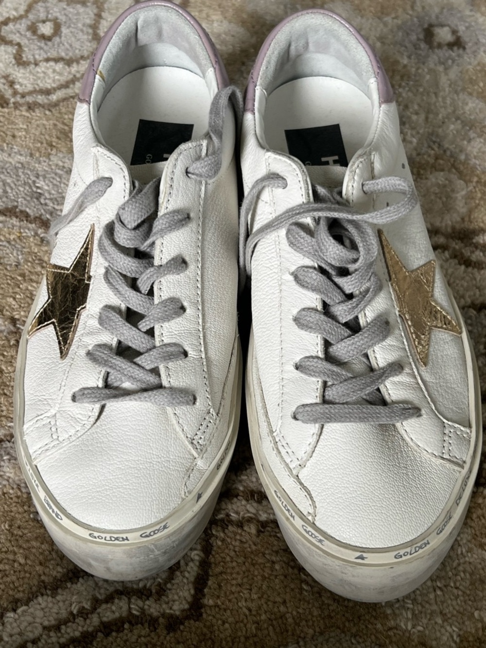 Worn 1x Golden Goose White Leather Sneakers with Gold Star and pale purple heel